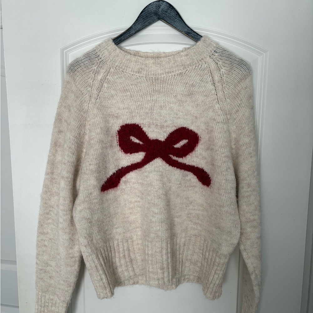SHEIN Cream Sweater with Red Bow Accent